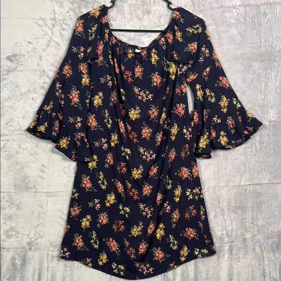 Nicole Miller Studio Navy Floral Peasant Midi Off the Shoulder Dress Size 2 - Picture 1 of 11